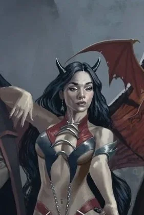 Fantasy illustration of a dark-haired woman with horns, armor, and bat-like wings.