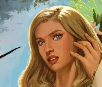 A woman with long blonde hair touching her face against a painted background with greenery.