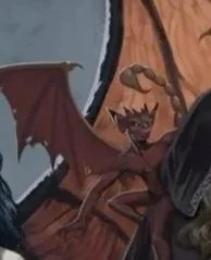 A cartoon demon with wings and horns, reading a book.