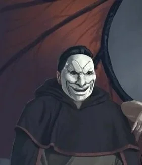 Illustration of a sinister clown with a white face, black eyes, and a wide, menacing grin, wearing a dark cloak.
