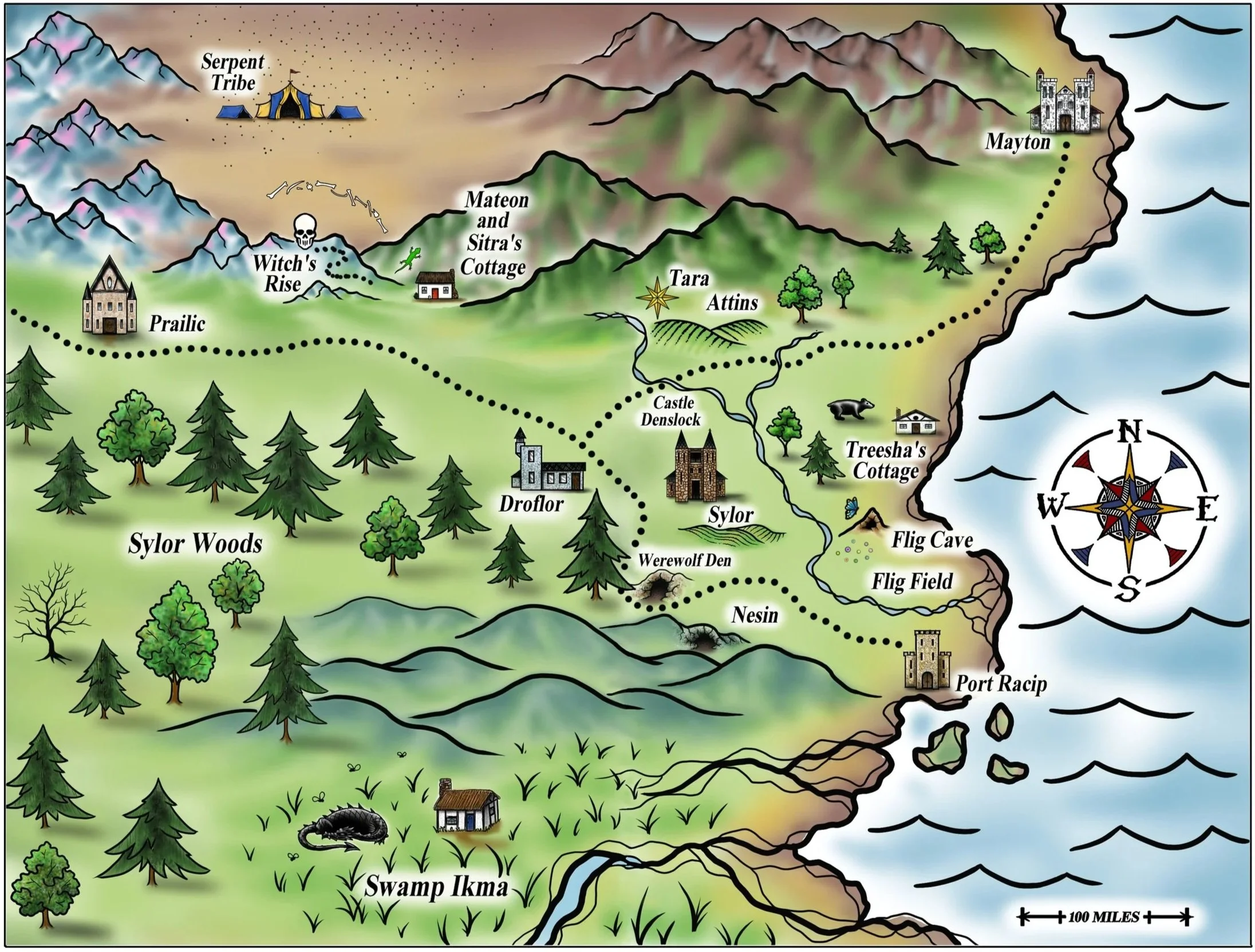 A fantasy map of a coastal region with labeled locations including Syler Woods, Swamp Ikma, Drofloar, Castle Denslock, Silor, Nesin, Port Racip, Witch's Rise, Matron and Sitra's Cottage, Tara Attins, Treesha's Cottage, Flag Cave, Flag Field, and Mayton. The map features mountains, forests, a castle, a swamp, and a compass rose indicating directions and distance.