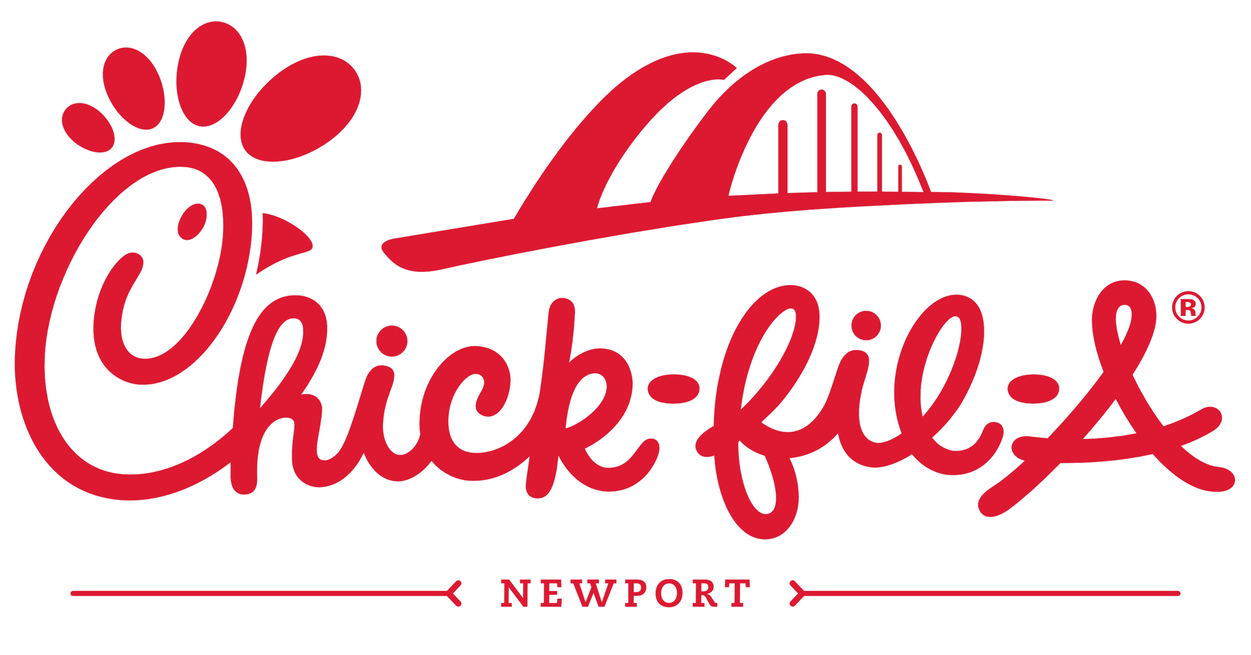 Chick-fil-A logo with a red chicken head and a stylized hat, the words 'Chick-fil-A' in cursive script, and 'Newport' below, all on a black background.