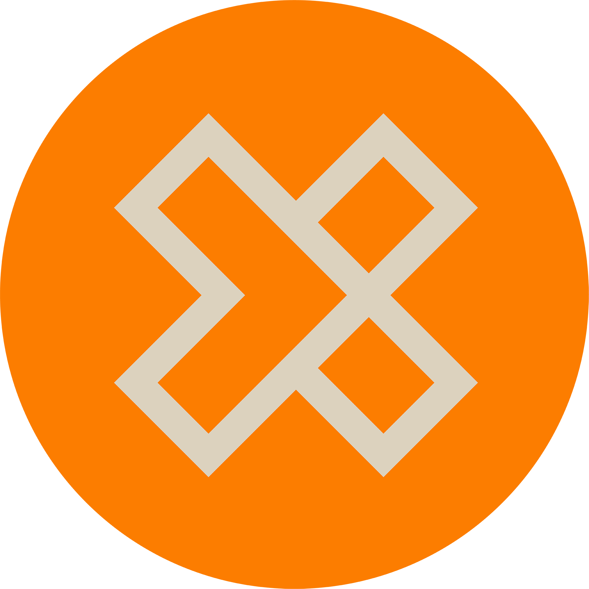 An orange circle with a white geometric symbol in the center, consisting of interconnected lines forming diamond and square shapes.