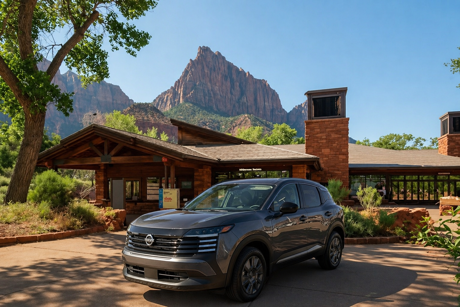2025 Nissan Kicks rental SUV with Zion National Park cliffs in southern Utah