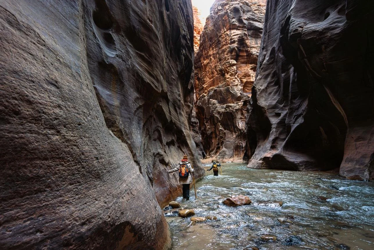 Hikers walking through the Virgin River in The Narrows Zion National Park Utah