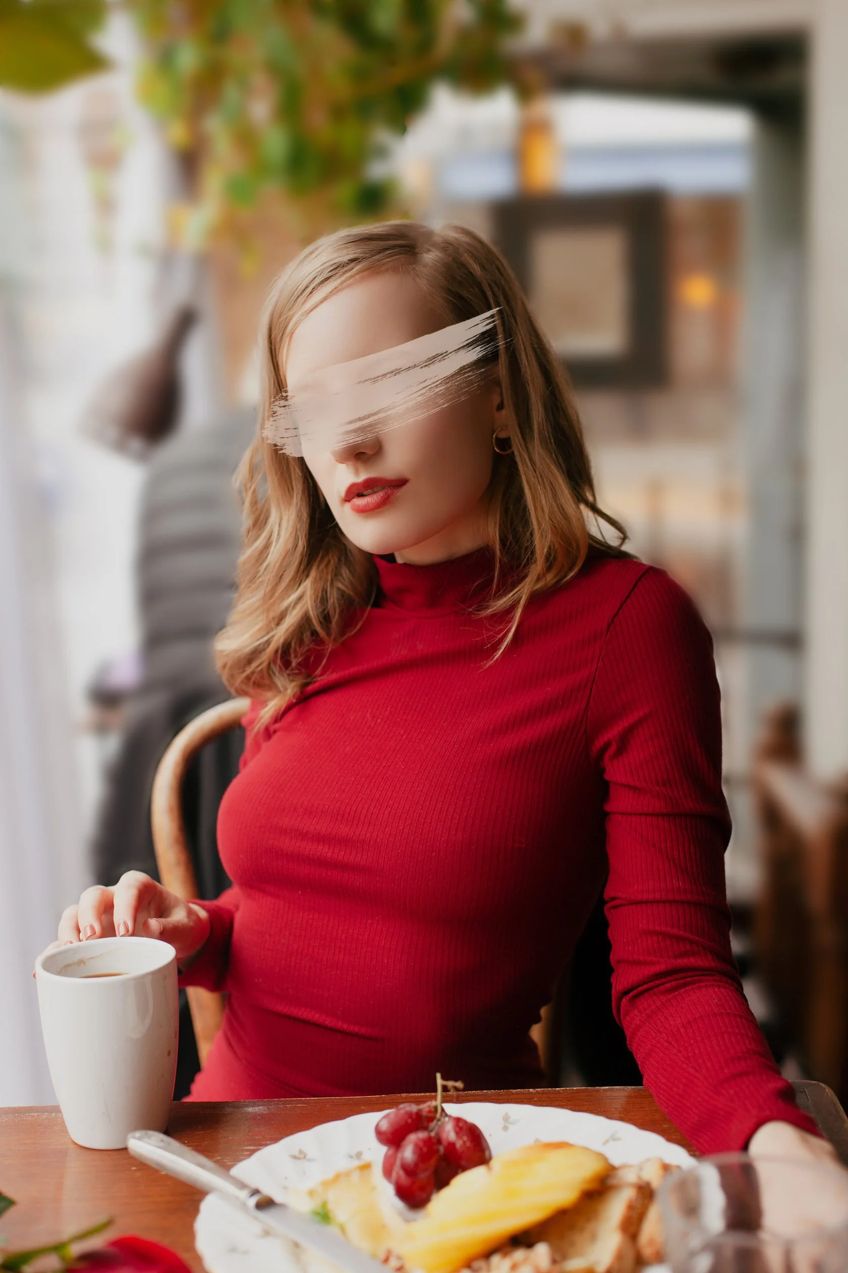A woman with shoulder-length light brown hair, wearing a red long-sleeve turtleneck shirt, and gold hoop earrings, sitting at a table with a cup of coffee or tea and a plate of sliced fruit and grapes, in a cozy indoor setting. Her eyes are obscured 