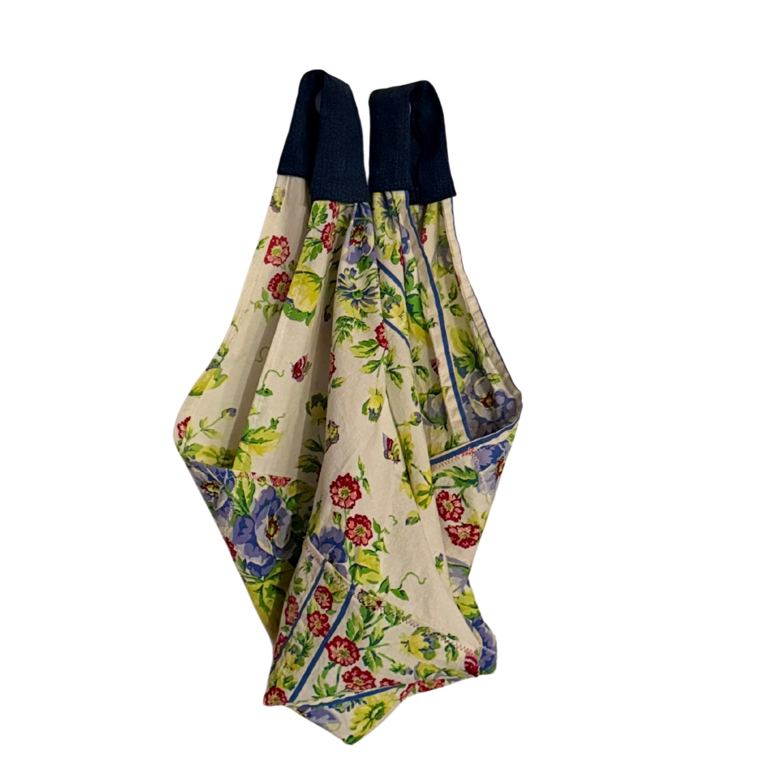 Preloved, Upcycled & Reimagined tablecloth, hand stitched and now one-of-a-kind four corner bag.