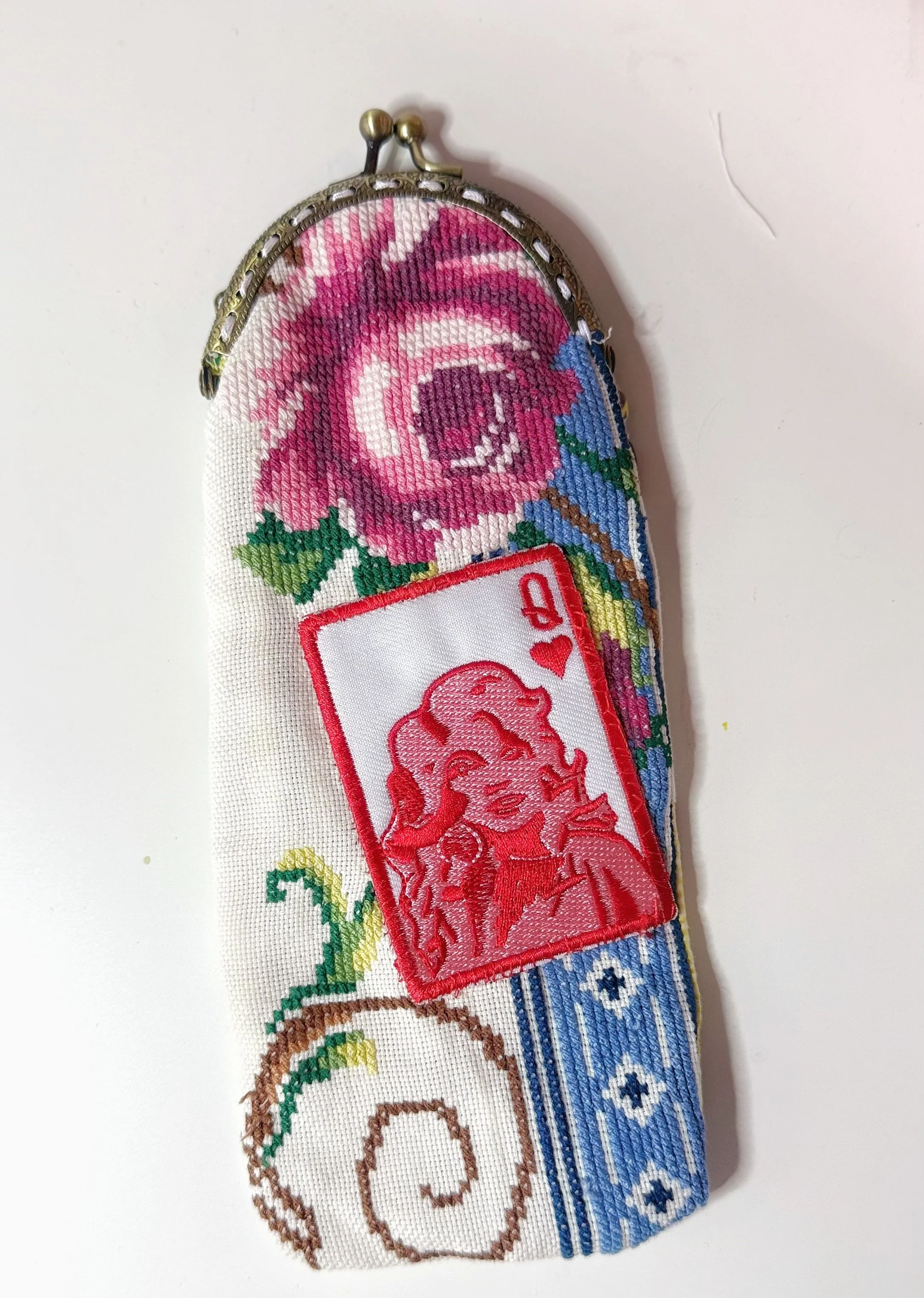 "The Dolly" Hand sewn sunglasses case from antique clasp and 1960s quilt pieces.
