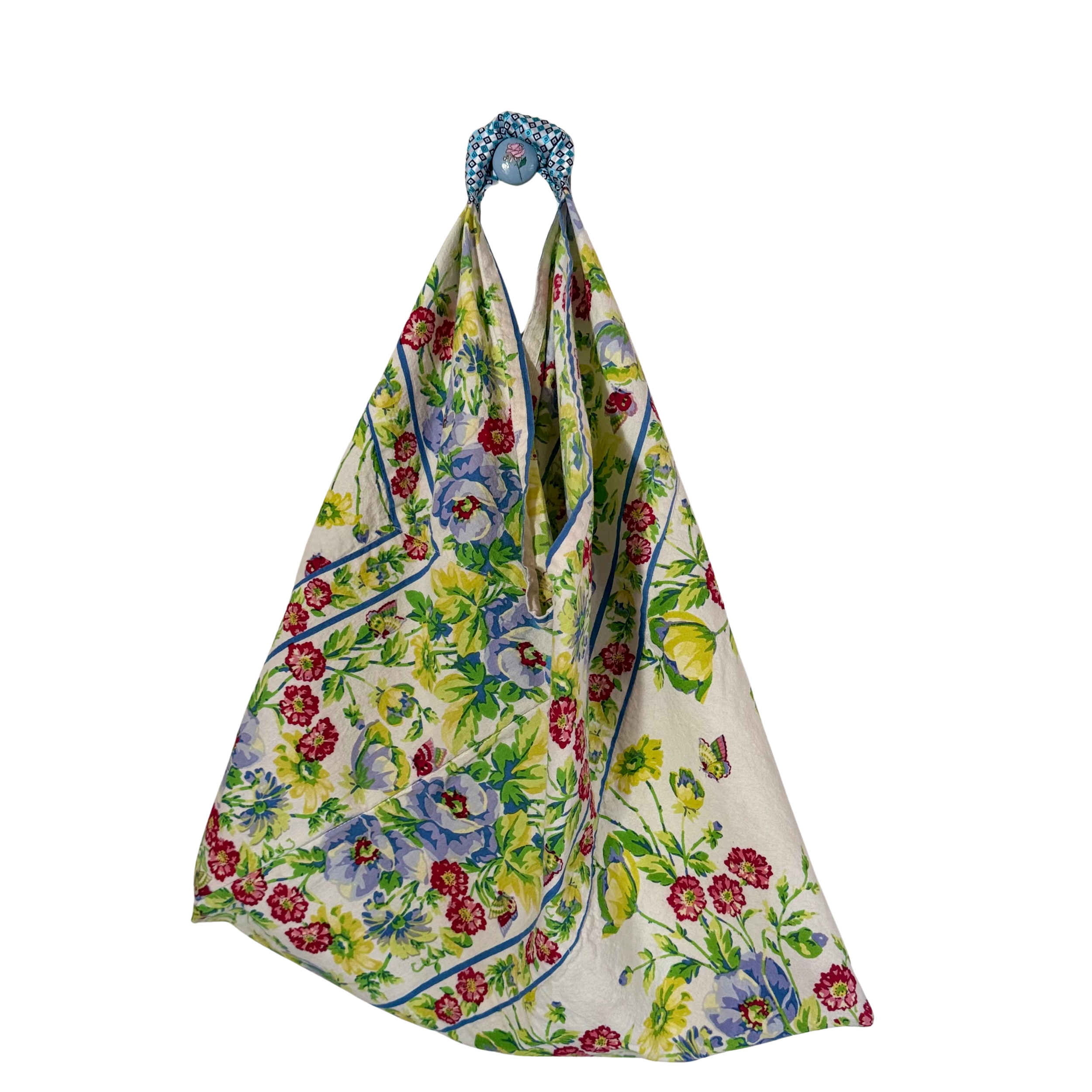Preloved, Upcycled & Reimagined tablecloth, hand stitched and now one-of-a-kind four corner bag.