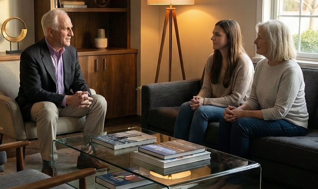 An elder care consultant in a suit talking compassionately with a family during an individual coaching session, highlighting personalized dementia support.