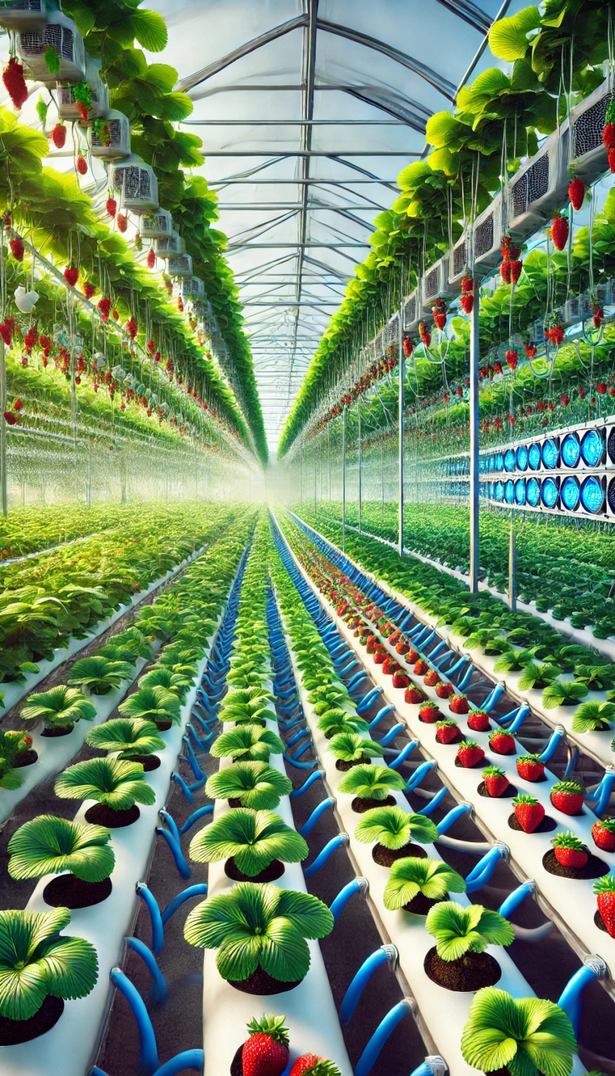 Produce growing in rows in a greenhouse