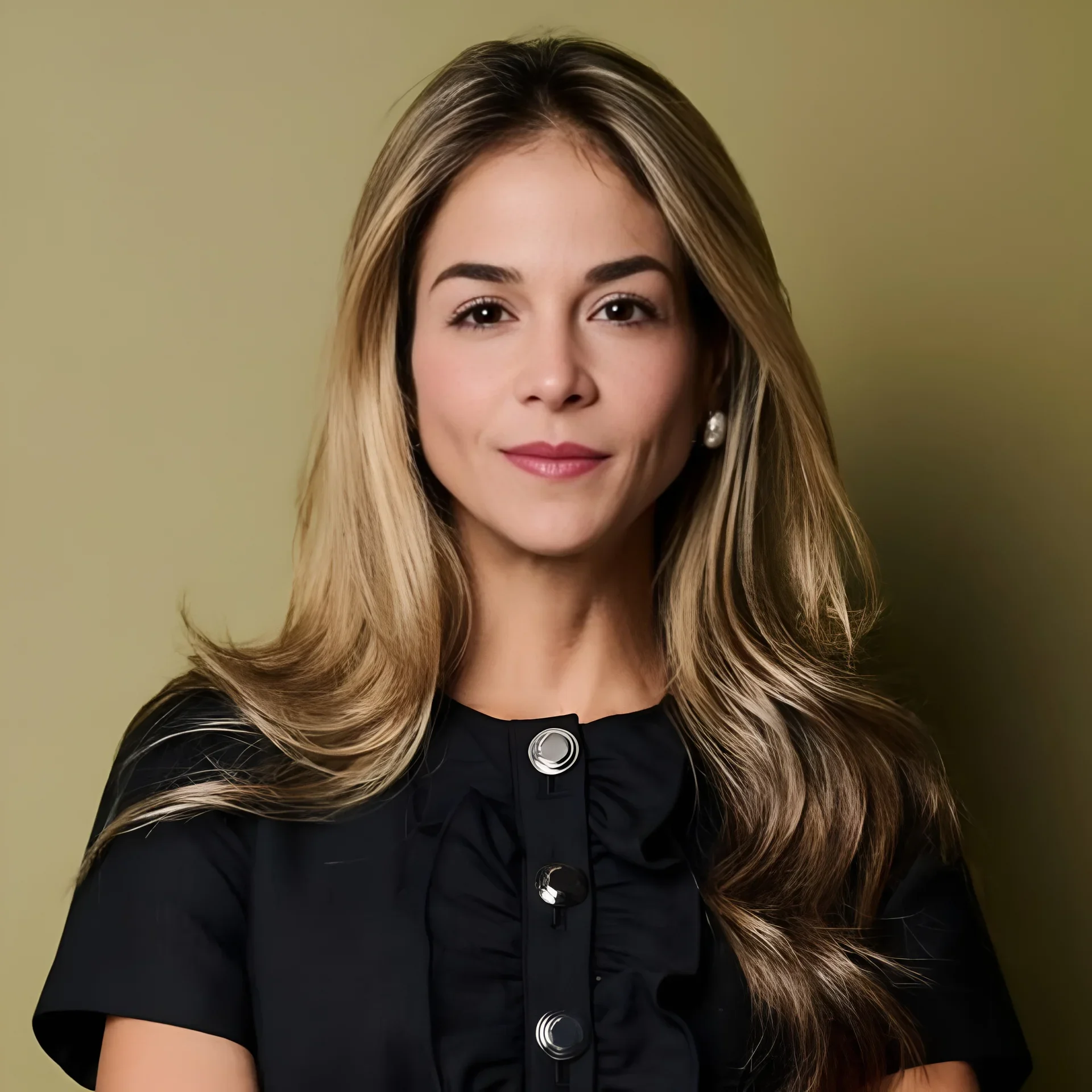 A woman with long, wavy blonde hair, wearing pearl earrings and a black top with metallic buttons, stands against a plain, muted background.