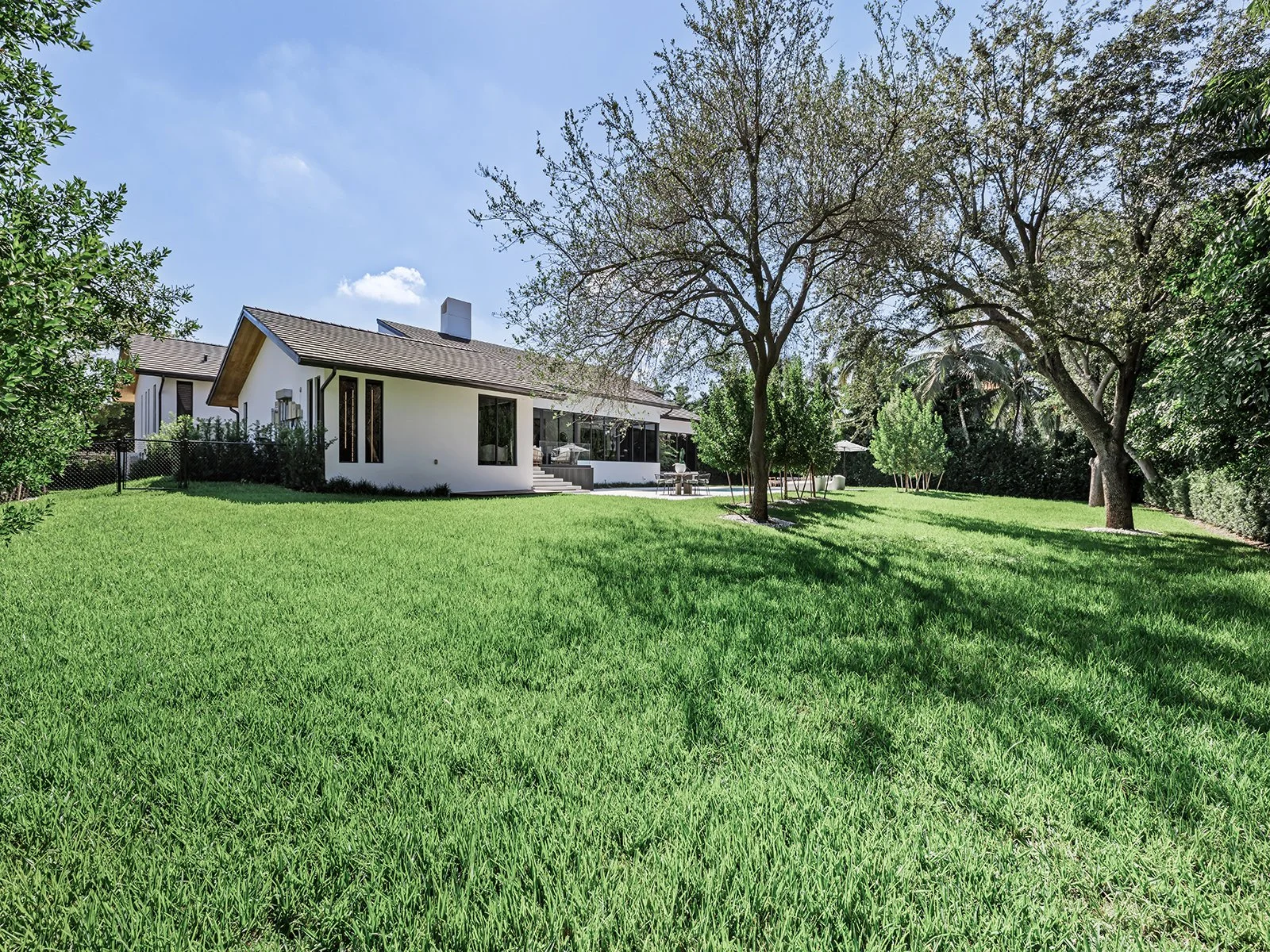 Modern white house with large windows and a sloped roof, surrounded by a lush green lawn and mature trees under a clear blue sky.