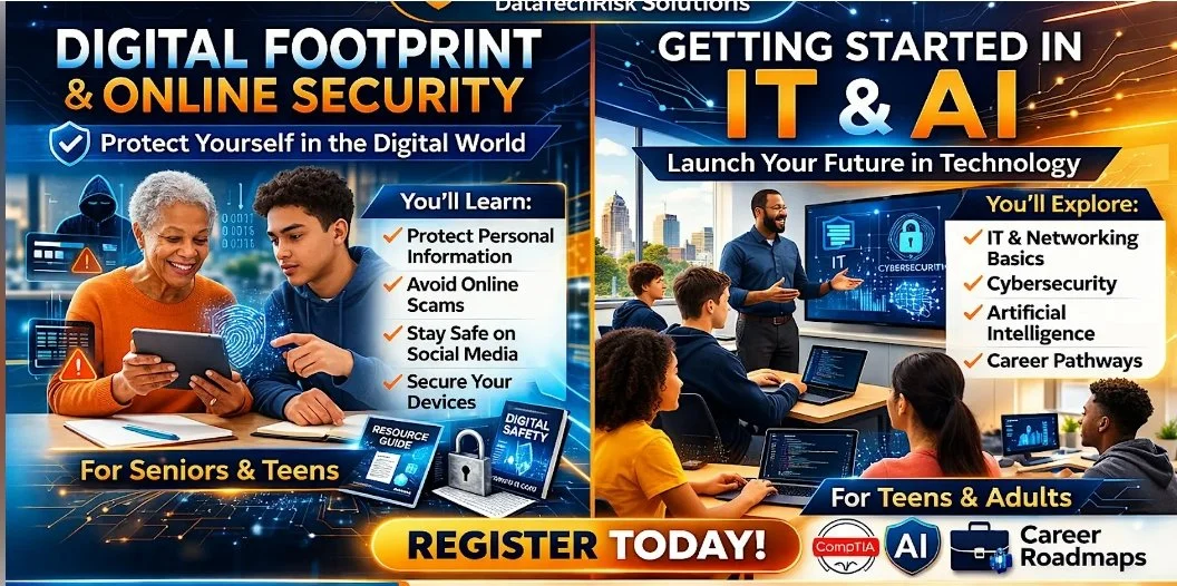 An advertisement promoting digital footprint, online security, and learning about IT and AI for teens and adults, featuring a classroom and a senior person with a young person discussing online safety.