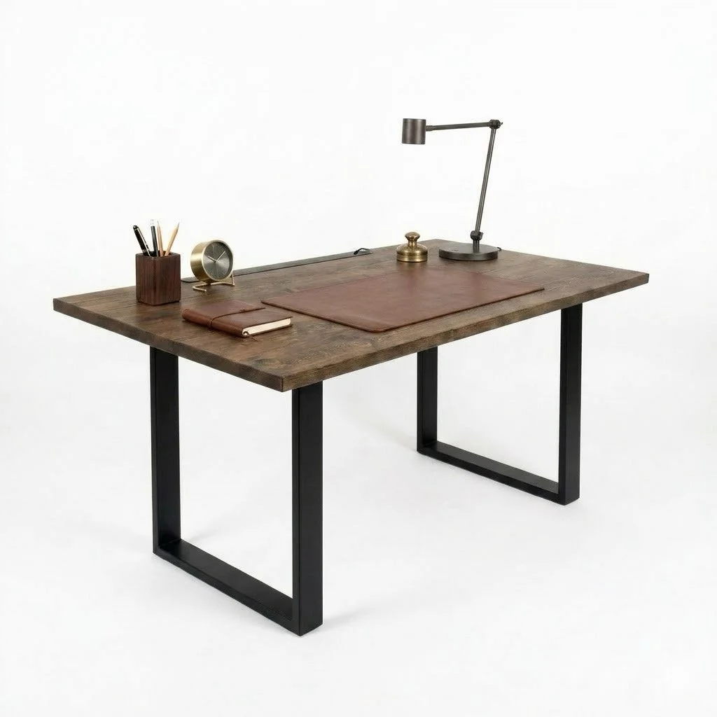 Wooden desk with metal legs, equipped with a desk lamp, a notebook, pens in a holder, and a brass paperweight, all set against a white background.