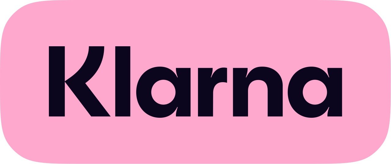 Pink rounded rectangle with the word "Klarna" in bold black letters.