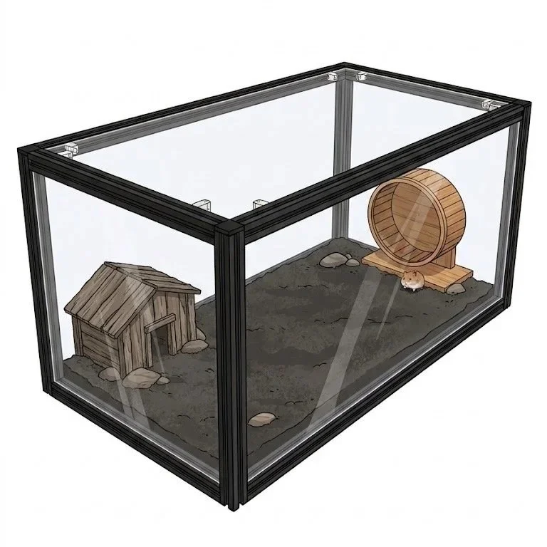 Glass enclosure with a small wooden house, a wooden wheel, and a hamster inside.