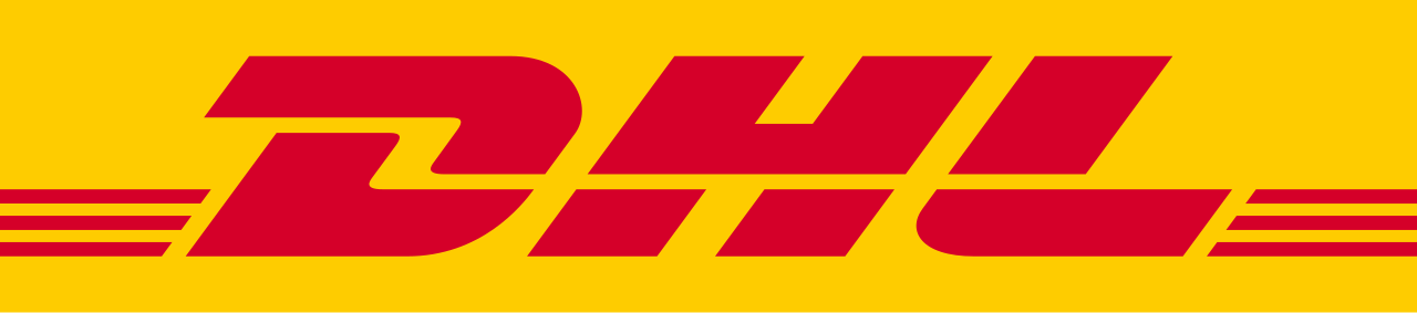 DHL logo with red text on a yellow background.