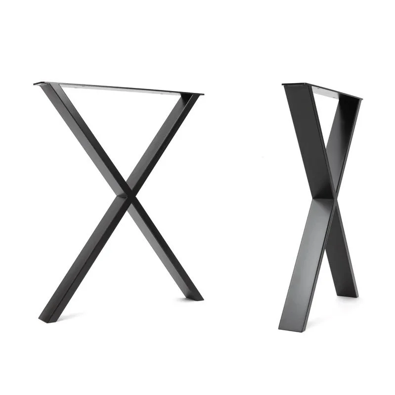 Two modern black metal table legs with a geometric X shape design.