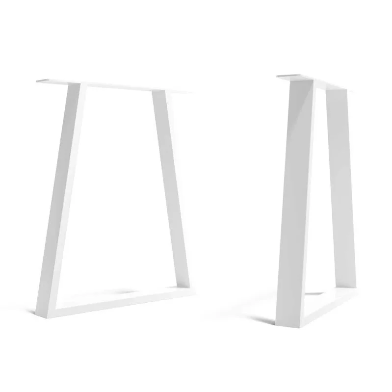 Two white, minimalist, modern table frames without tabletops on a white background.