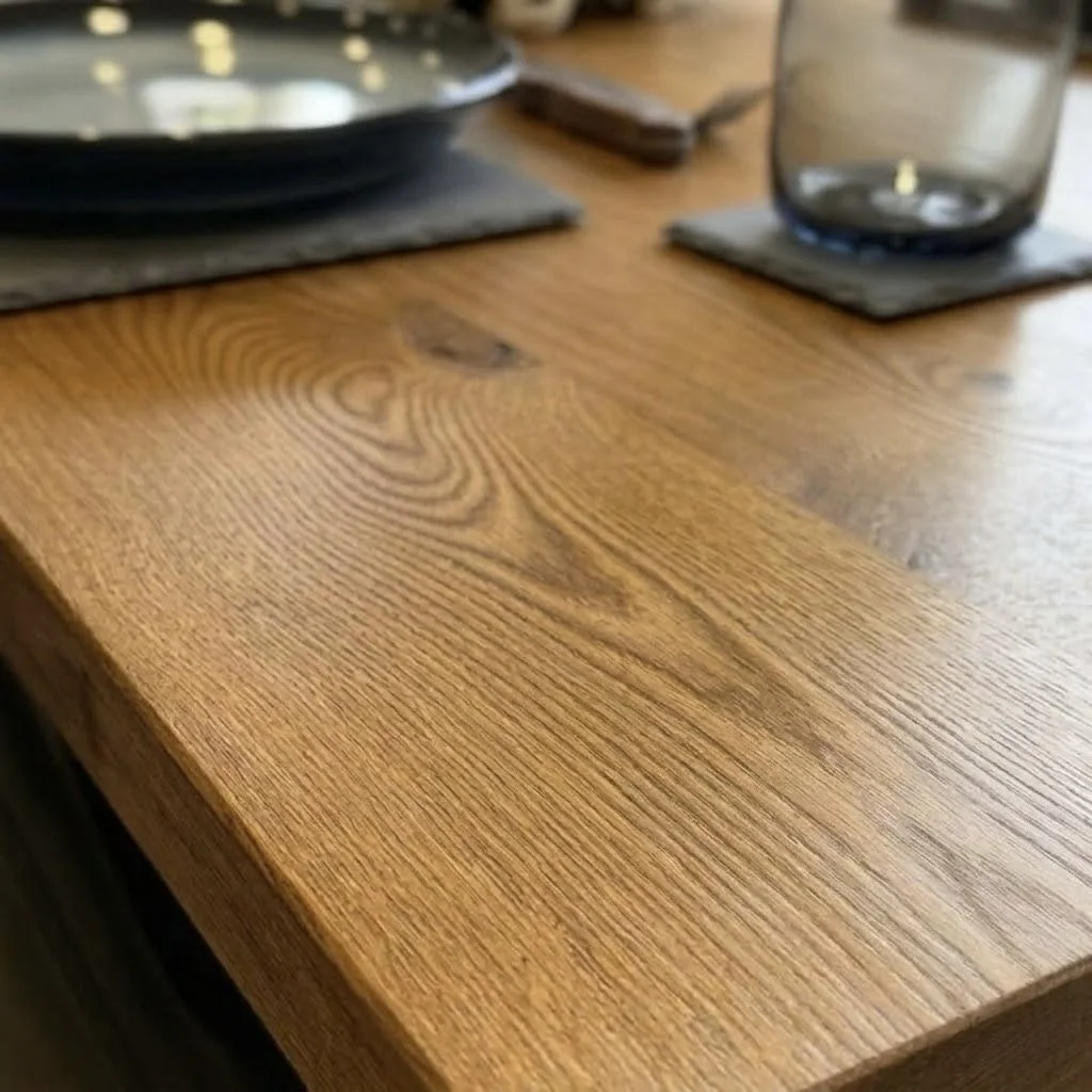 Close-up of a wooden dining table with a set of grey plates, a glass, and coasters arranged on it.