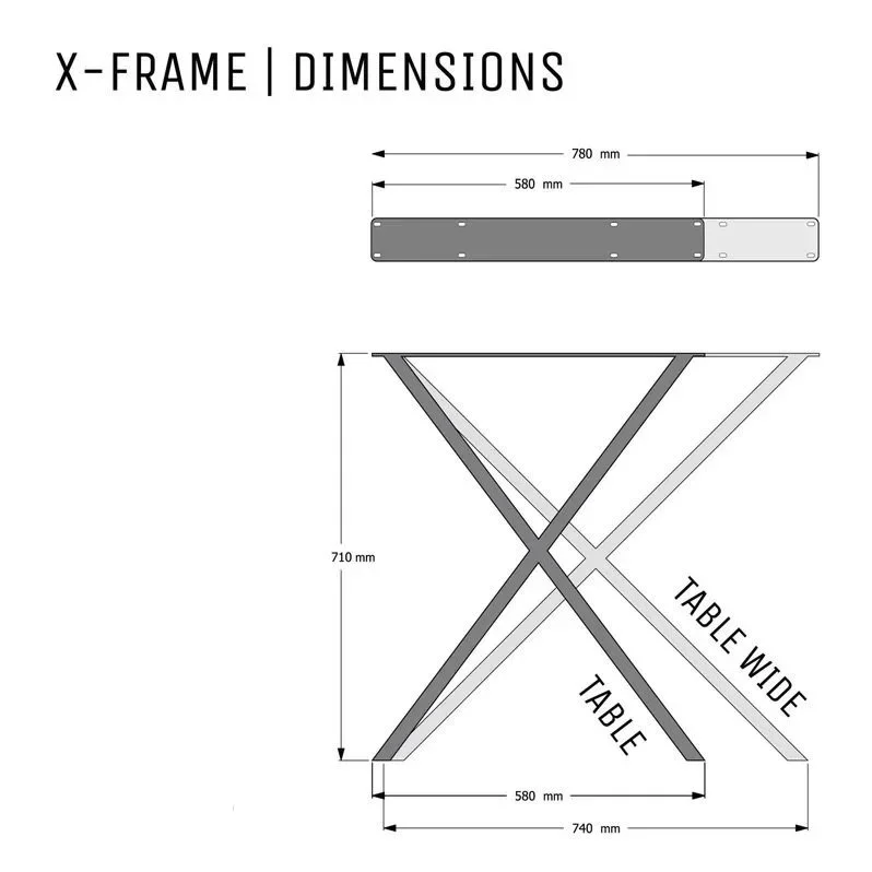 Diagram showing dimensions of an X-frame table, with measurements in millimeters for the top width, height, and overall length, including a distinction between a standard table and a wider table option.