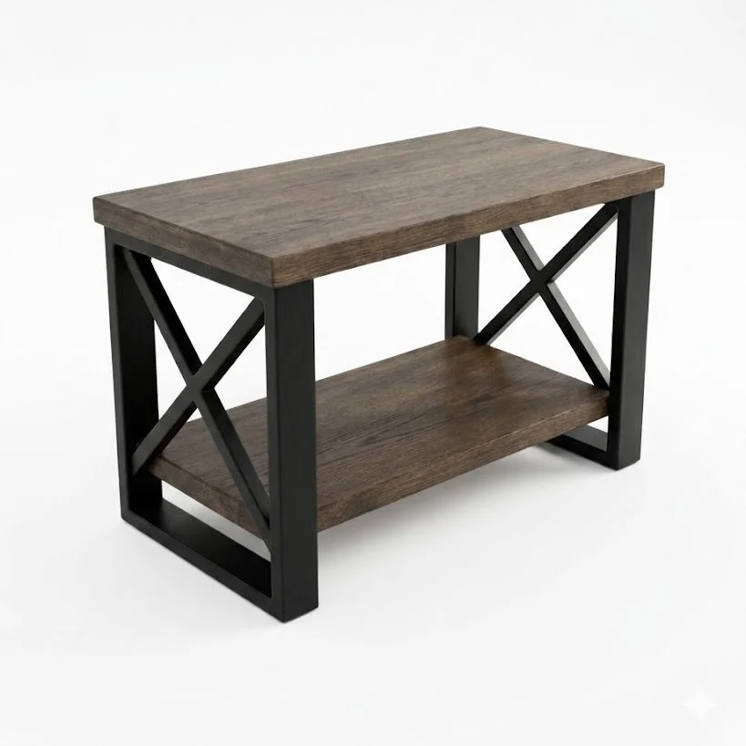 A two-tier wooden and metal shelf with a dark wood top and lower shelf, and black metal frame with decorative cross-braces.