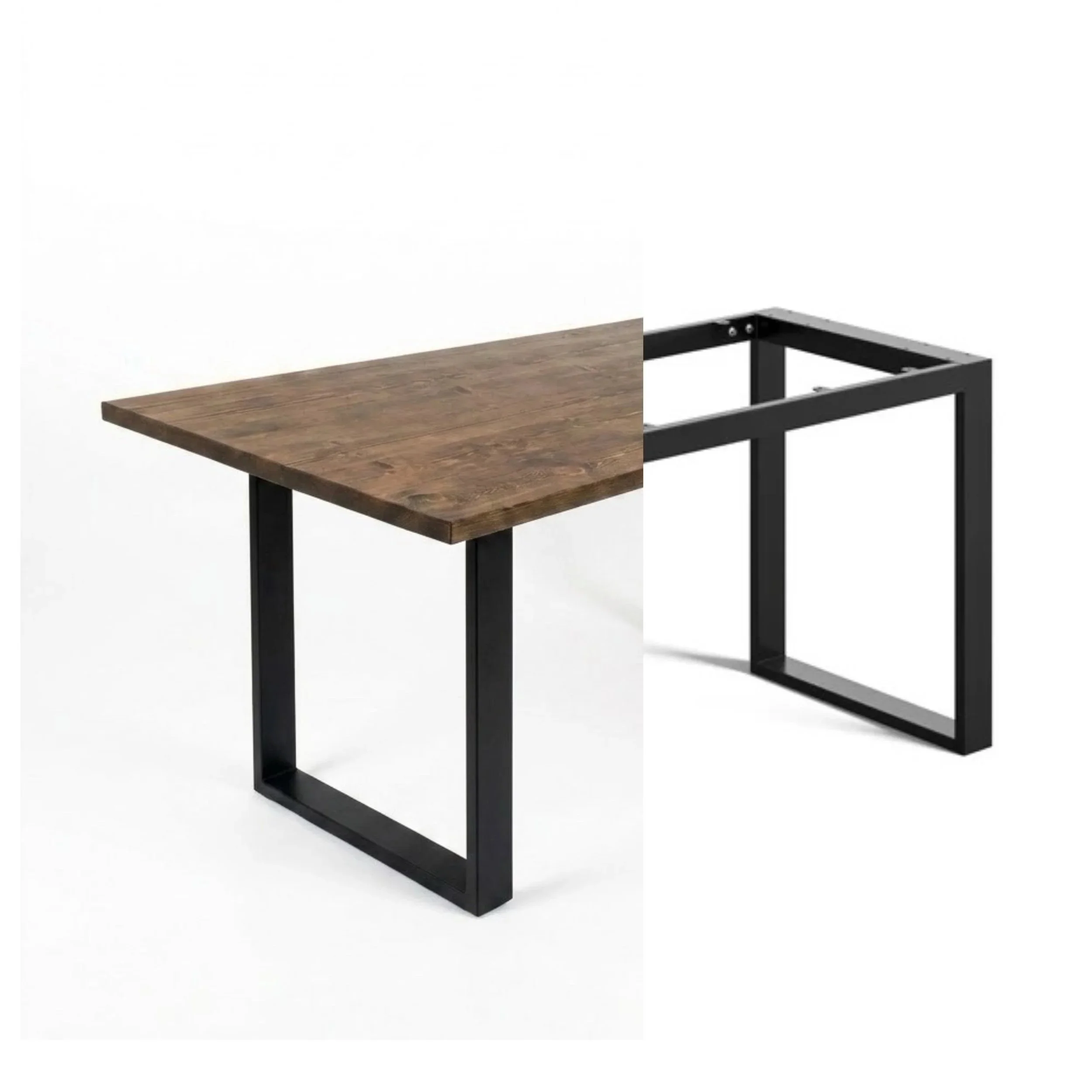 Partially assembled black metal and wooden table with a wooden tabletop and black frame, set against a plain white background.