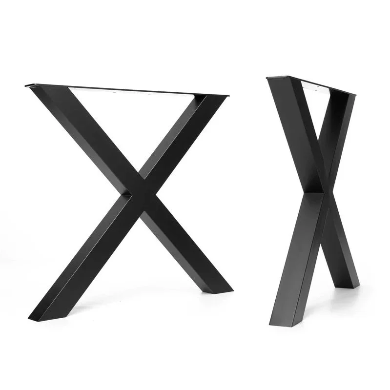 Two black modern X-shaped table bases with no tabletop, made of metal, against a white background.