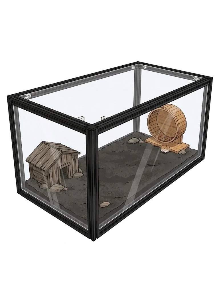 A glass enclosure with a small wooden house, a wheel, and a hamster inside.