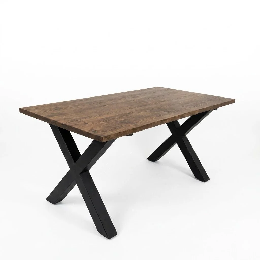 A wooden table with a rectangular top and black crossed X-shaped legs.