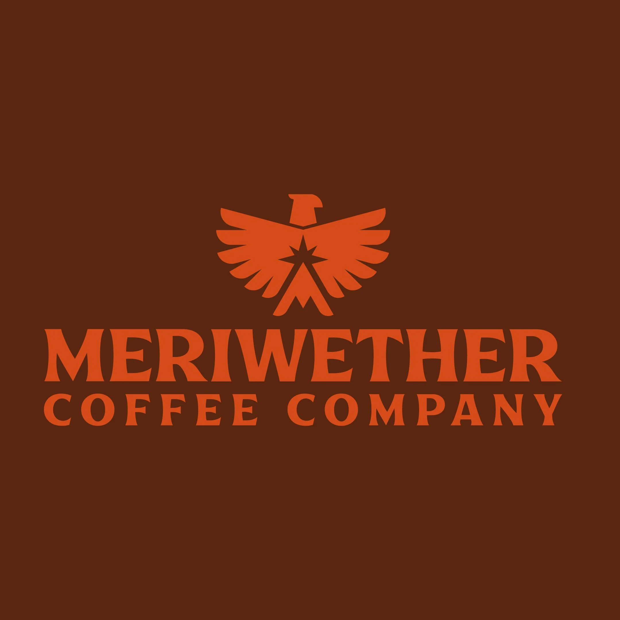 Logo of Meriwether Coffee Company featuring a stylized eagle with wings spread, above the company name in bold orange text on a brown background.