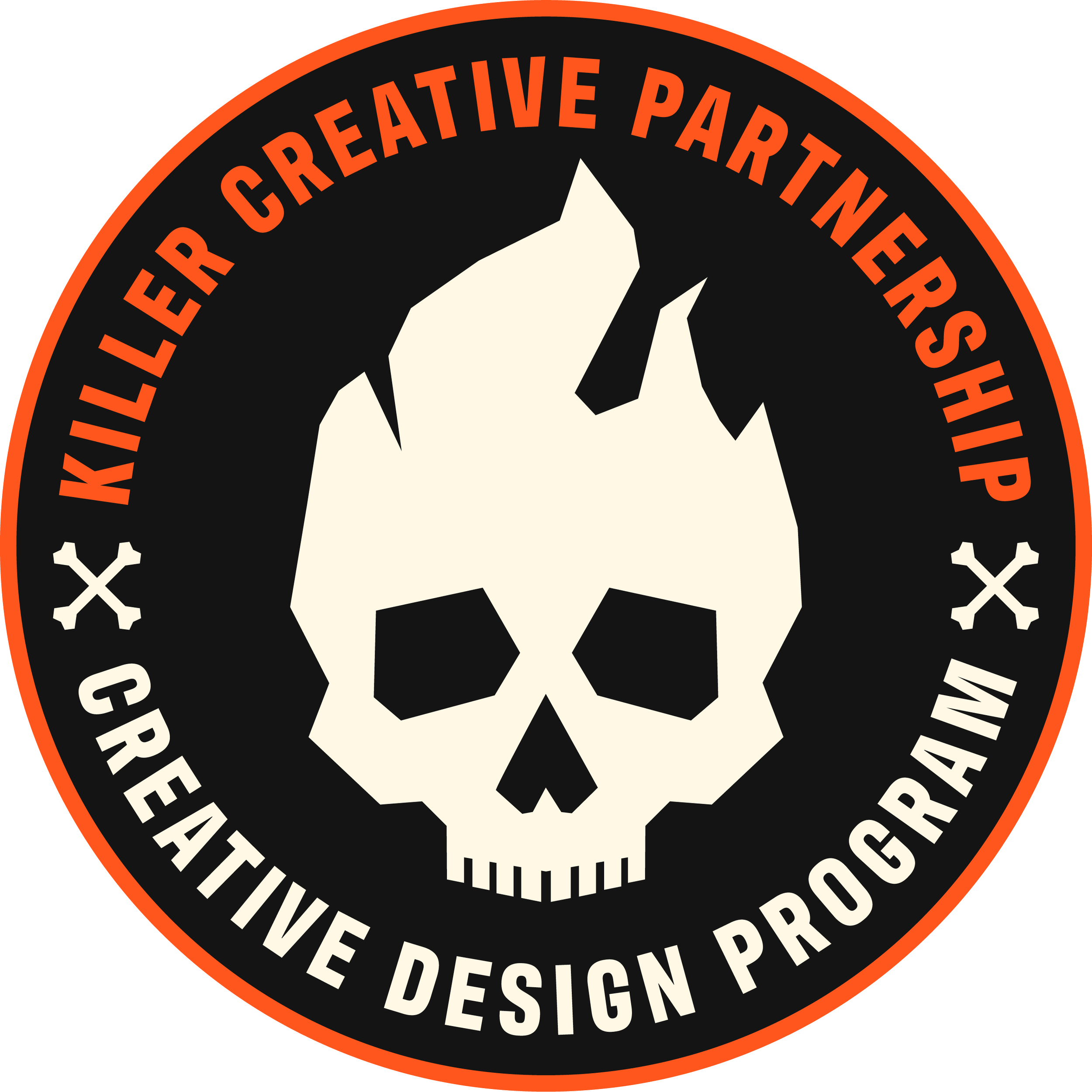 A circular logo with a black background and red border. In the center, there is a stylized skull with a unicorn horn. The text around the logo reads "Killer Creative Partnership" at the top and "Creative Design Program" at the bottom, both in uppercase letters.