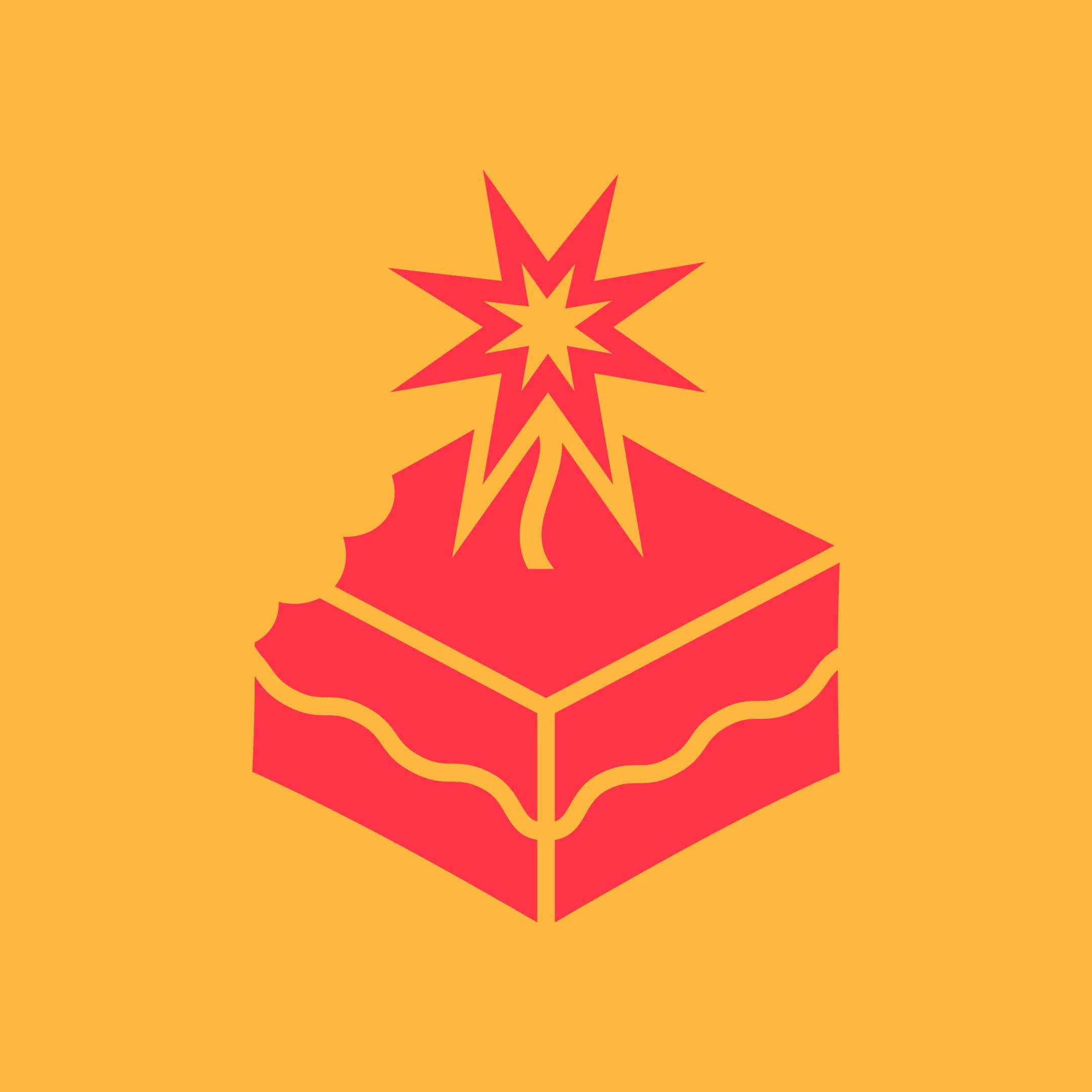 A red birthday cake with a yellow and red burst candle on top, set against an orange background.