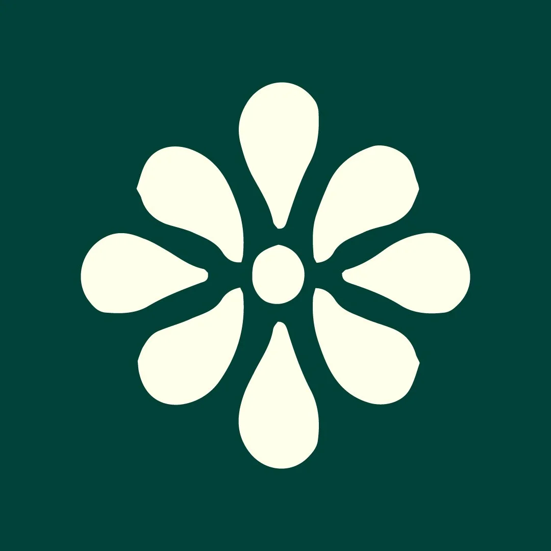 Minimalist white flower icon on dark green background.