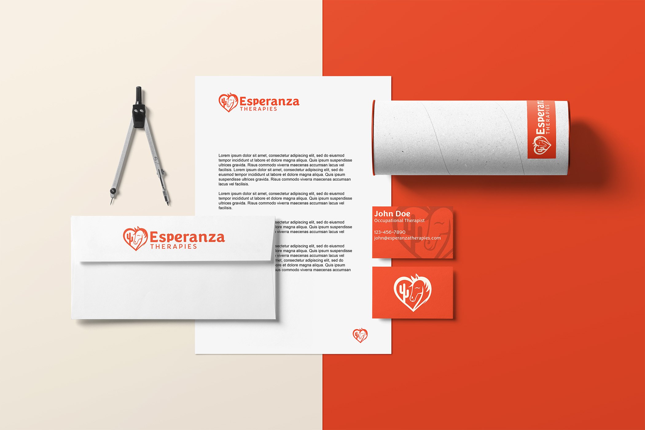Business branding and stationery items for Espero Therapy, including a pen, a letterhead, business cards, logo sticker, and a rolled poster or brochure with the company logo, arranged on a split background of cream and red.