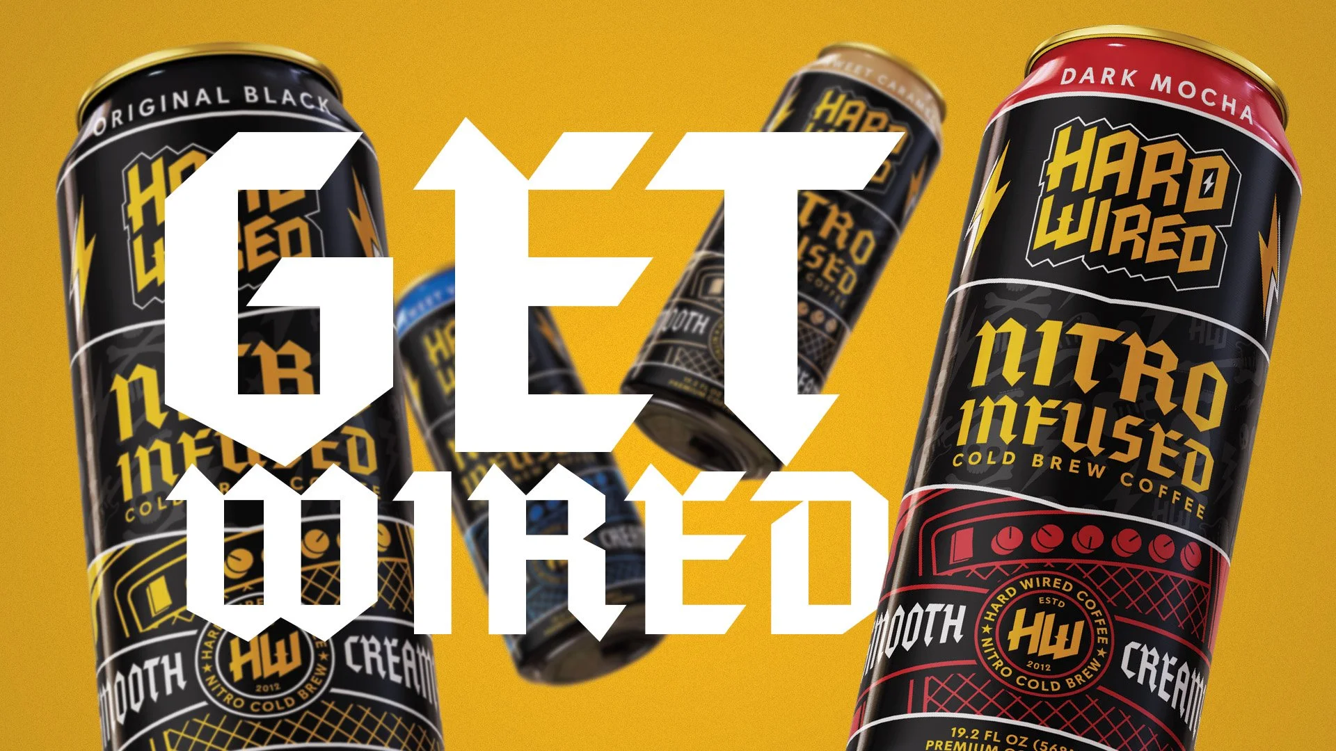 Multiple cans of Nitro Infused Cold Brew Coffee with bright yellow background and large white text overlay saying "6 Pack Price".