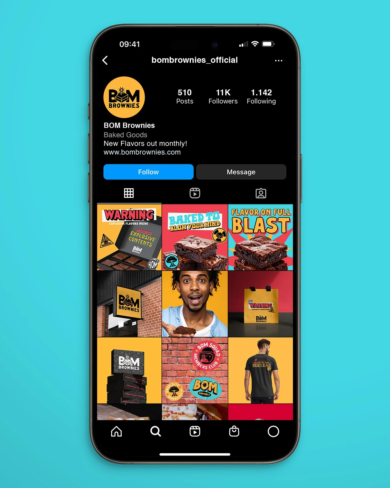 Instagram profile page for BOM Brownies with photos of brownies, a person holding a brownie, and branded merchandise.