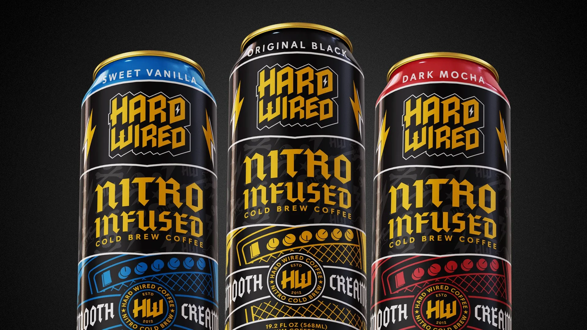 Three cans of Hard Wired Nitro Infused Cold Brew Coffee, with flavors Sweet Vanilla, Original Black, and Dark Mocha, displayed against a black background.
