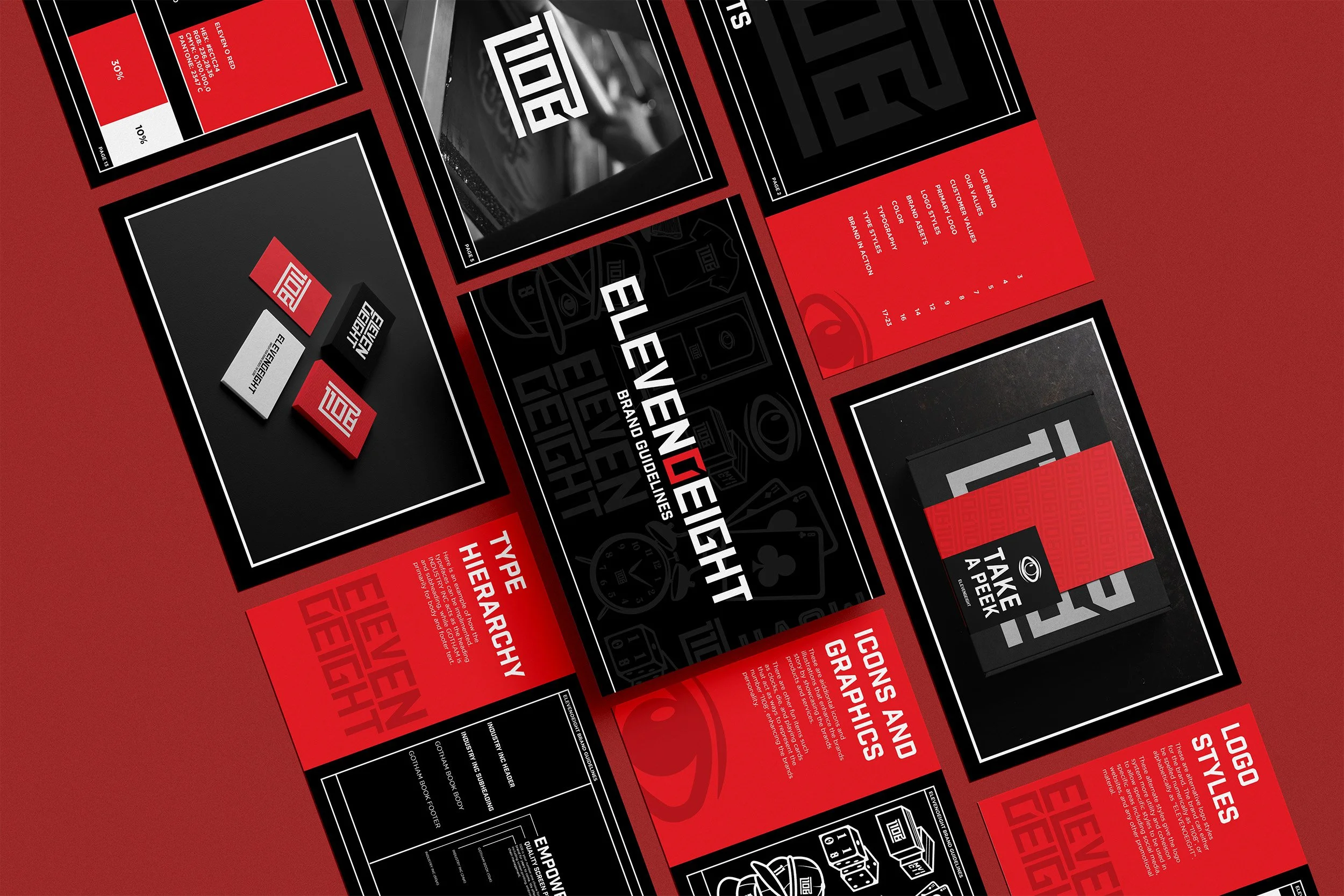 A collection of branding and graphic design guides for a brand called 'Eleven Eight', featuring logo styles, iconography, typography, color palettes, and layout concepts, displayed on red, black, and white backgrounds.