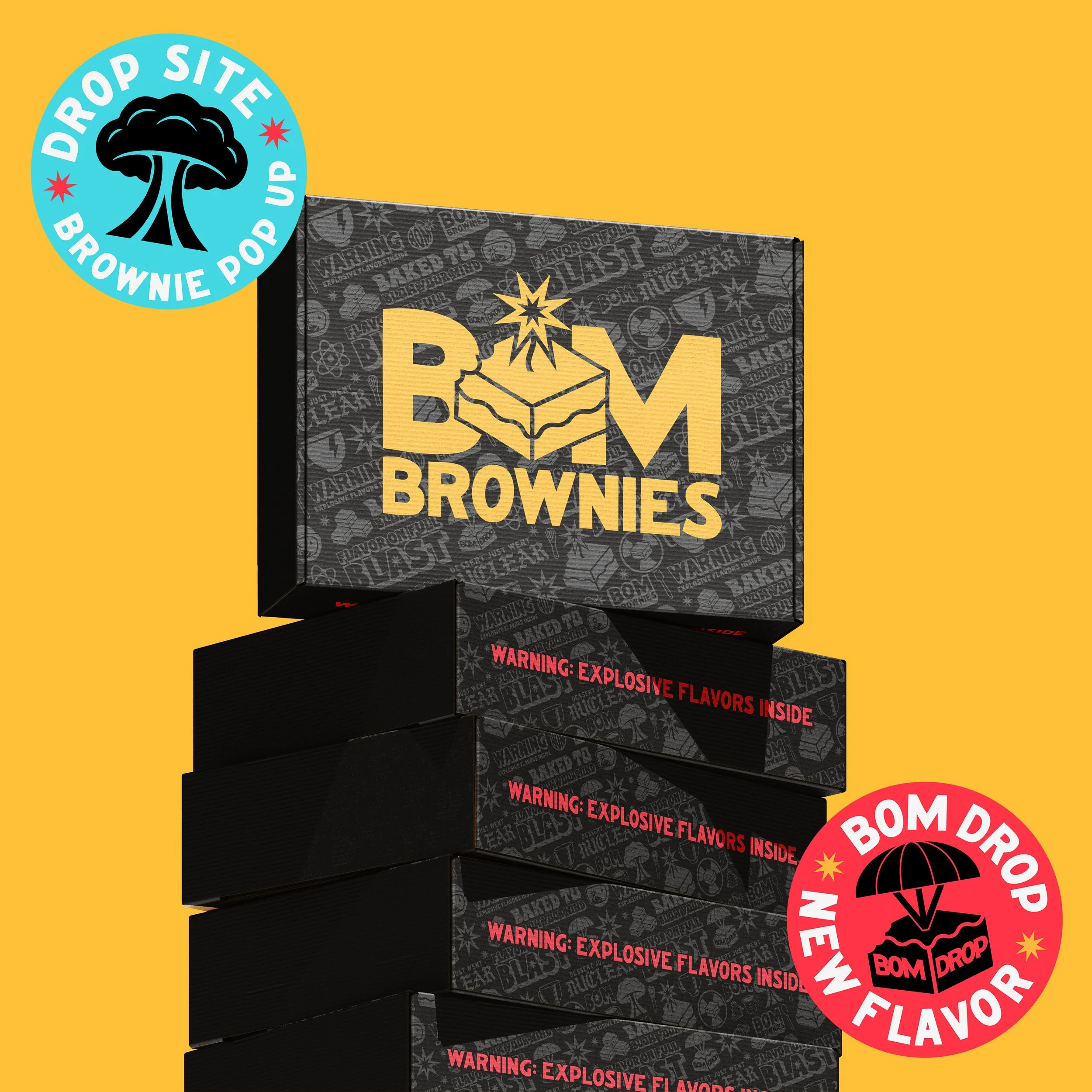 Stack of black boxes of BOM Brownies with warning labels indicating explosive flavors inside, set against a yellow background. Circular labels in the top left and bottom right corners promote a drop site and new flavor, featuring icons of a mushroom 