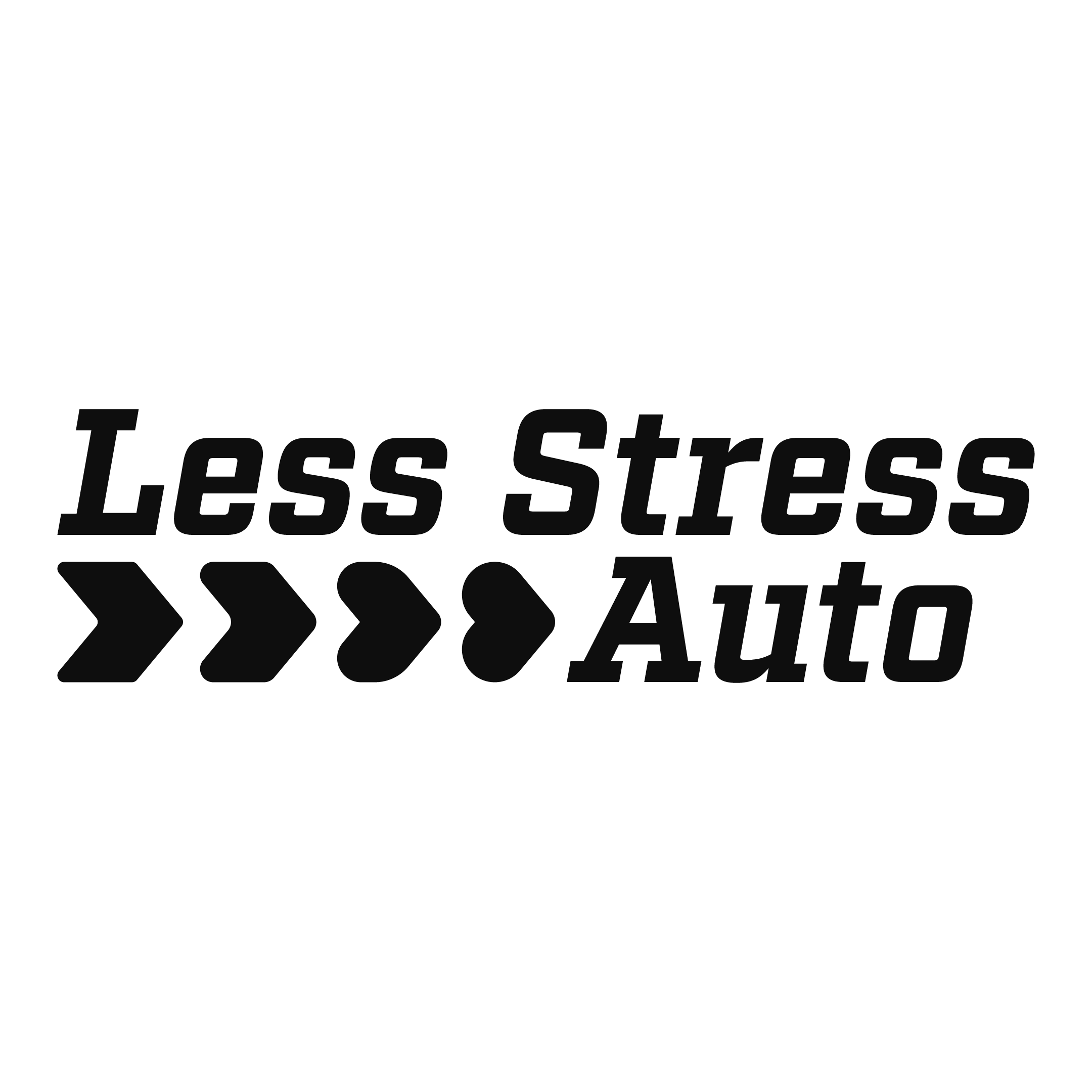Black background with the message 'Less Stress Auto' in bold, stylized gray text, surrounded by several gray arrow symbols pointing to the right.