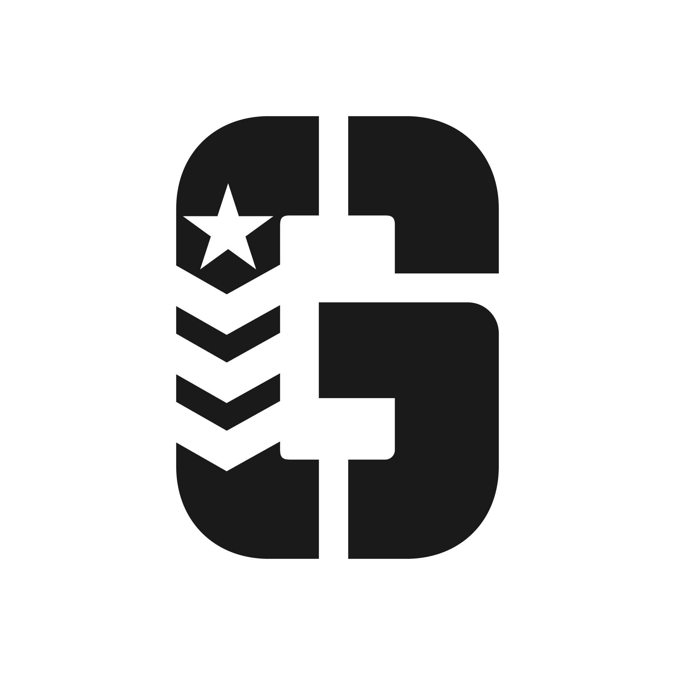 Black and white graphic depicting a stylized number 3 with a star inside the number on the upper left section, and chevrons pointing downward on the left side of the number 3.