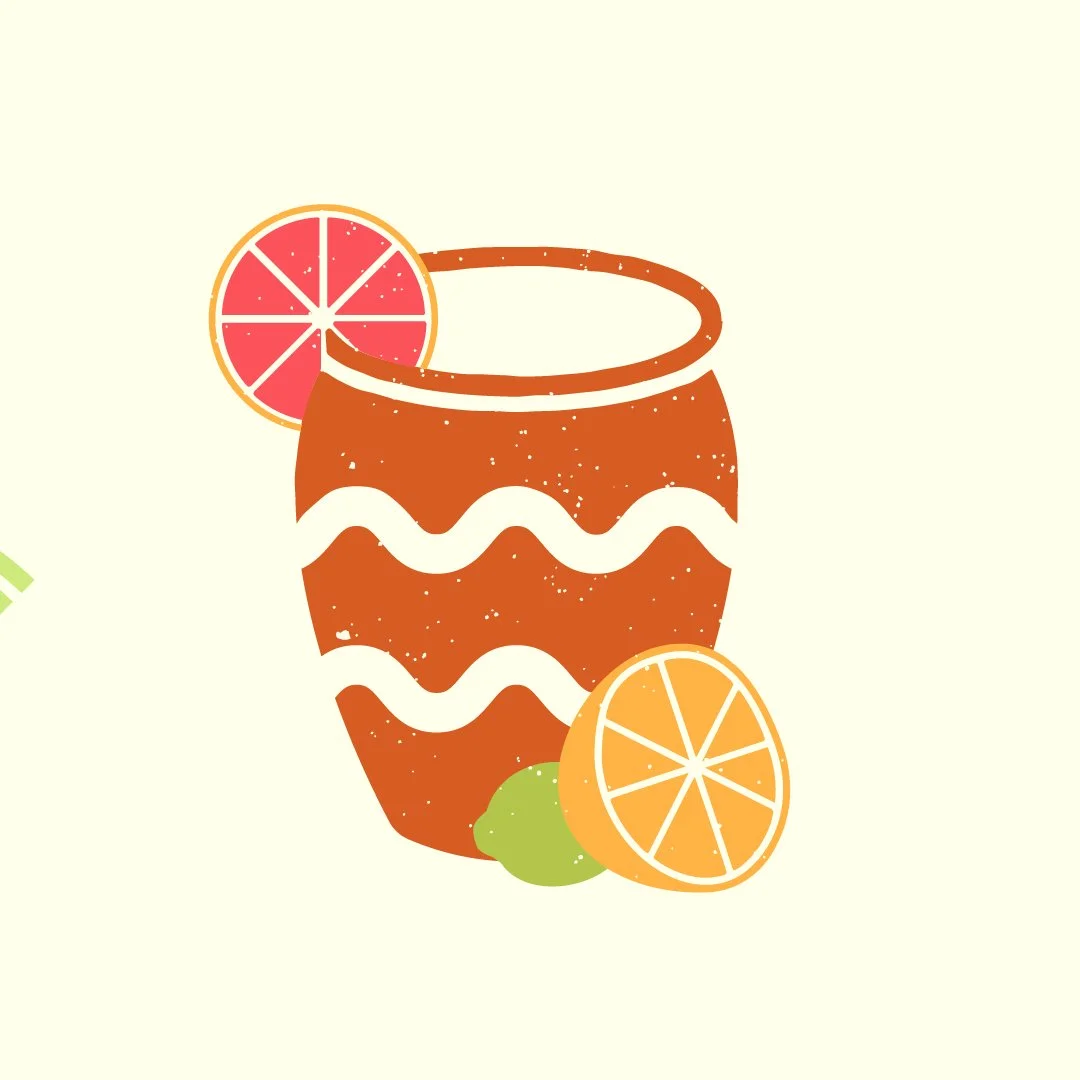 A graphic illustration of a cocktail in a decorated jar with lemon, lime, and grapefruit garnishes.