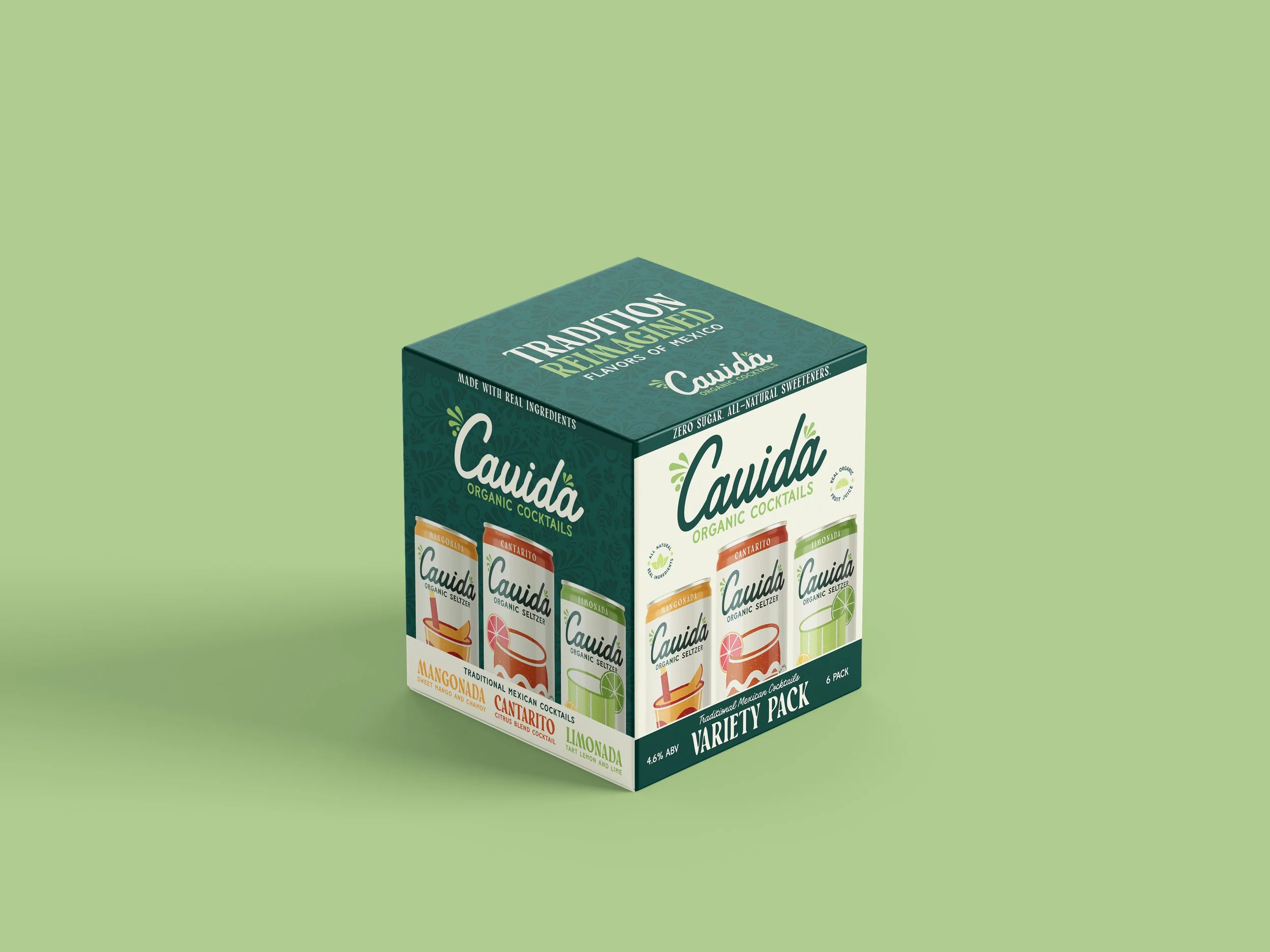 A box of Cauda organic cocktails variety pack containing six cans of traditional Mexican cocktails with different flavors like mango, cantaro, and lemon, on a light green background.