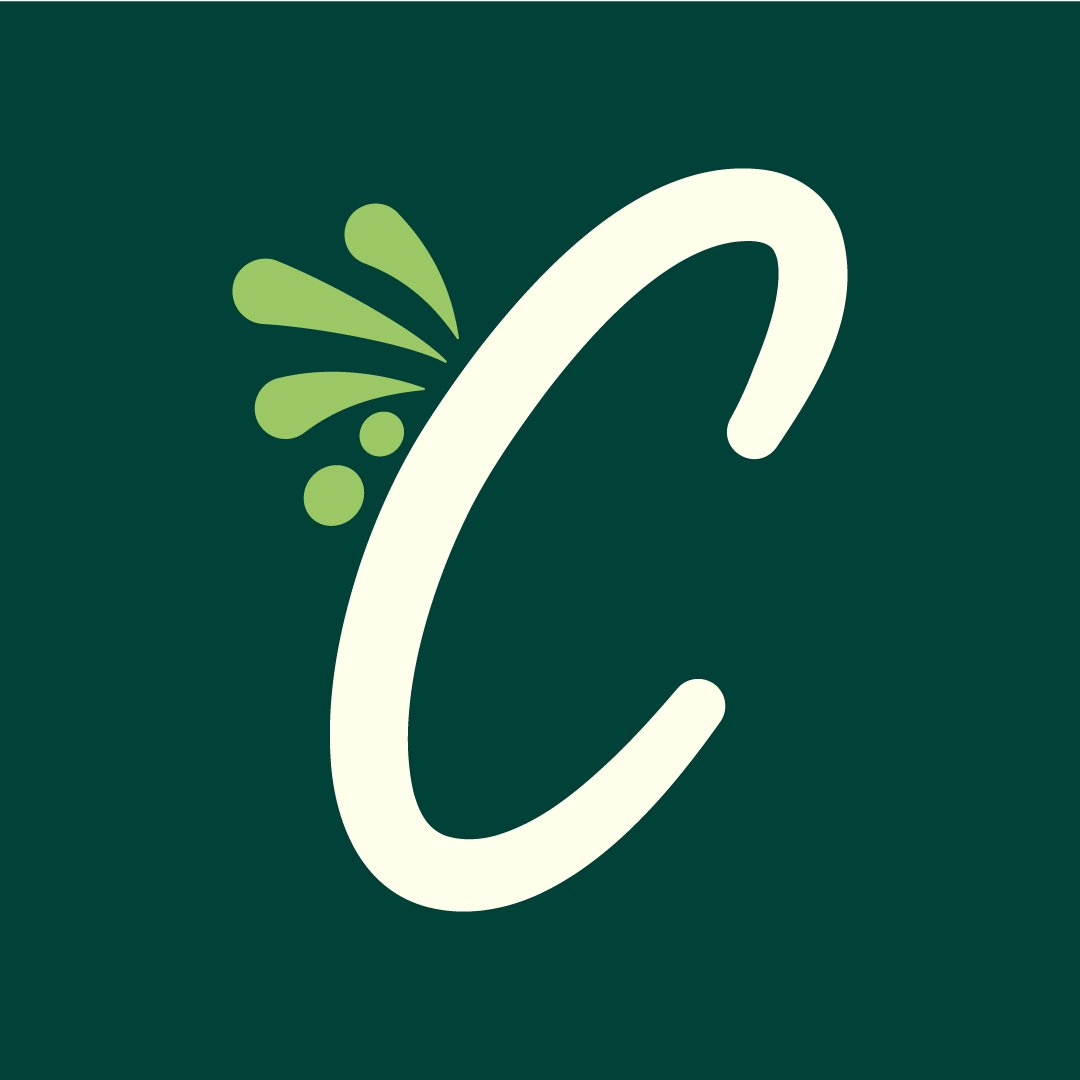 Stylized letter 'C' with green splash marks on a dark green background.