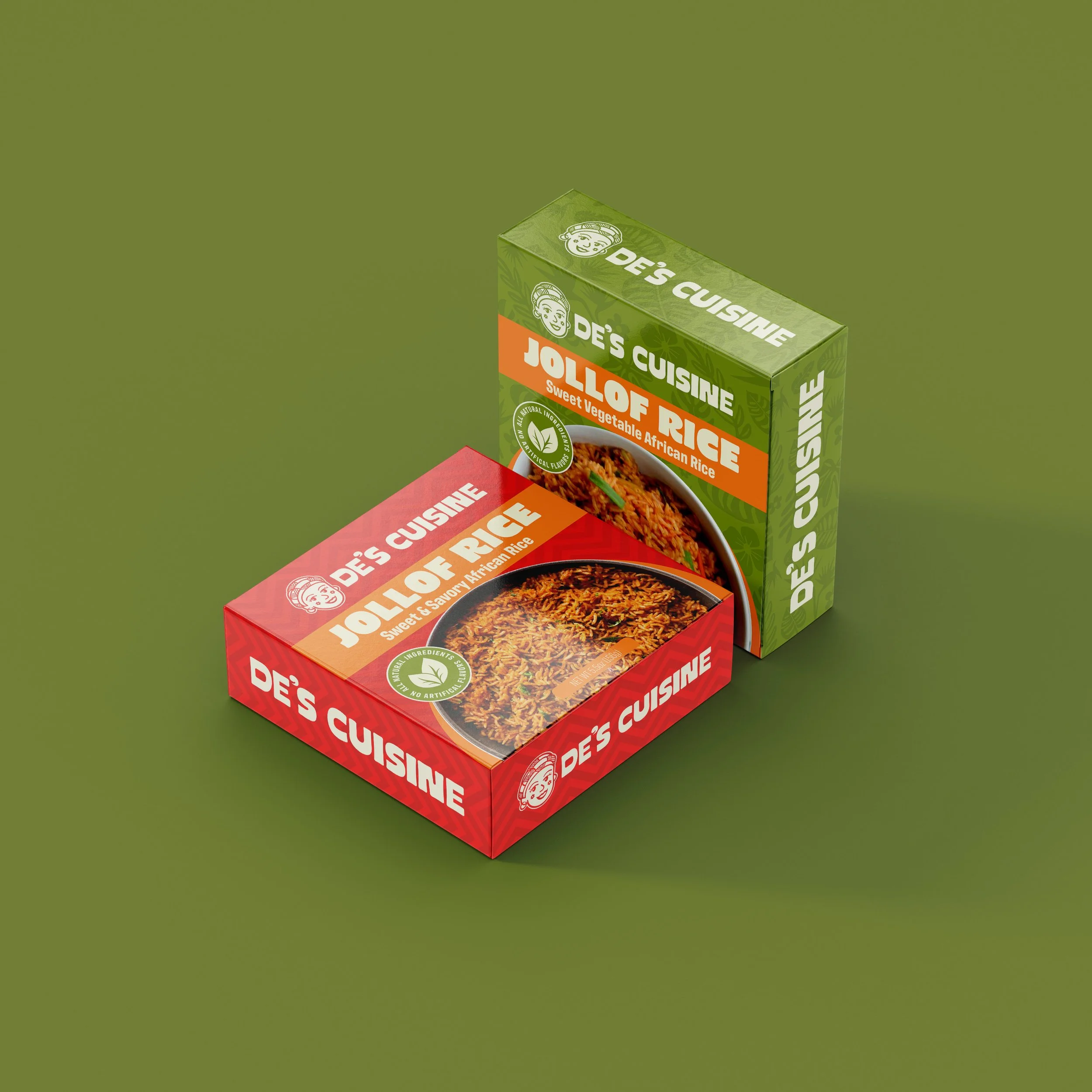 Two boxes of De's Cuisine Jollof Rice, one in red and one in green packaging, featuring images of rice dishes and labeled as sweet vegetable African rice, set on a green background.