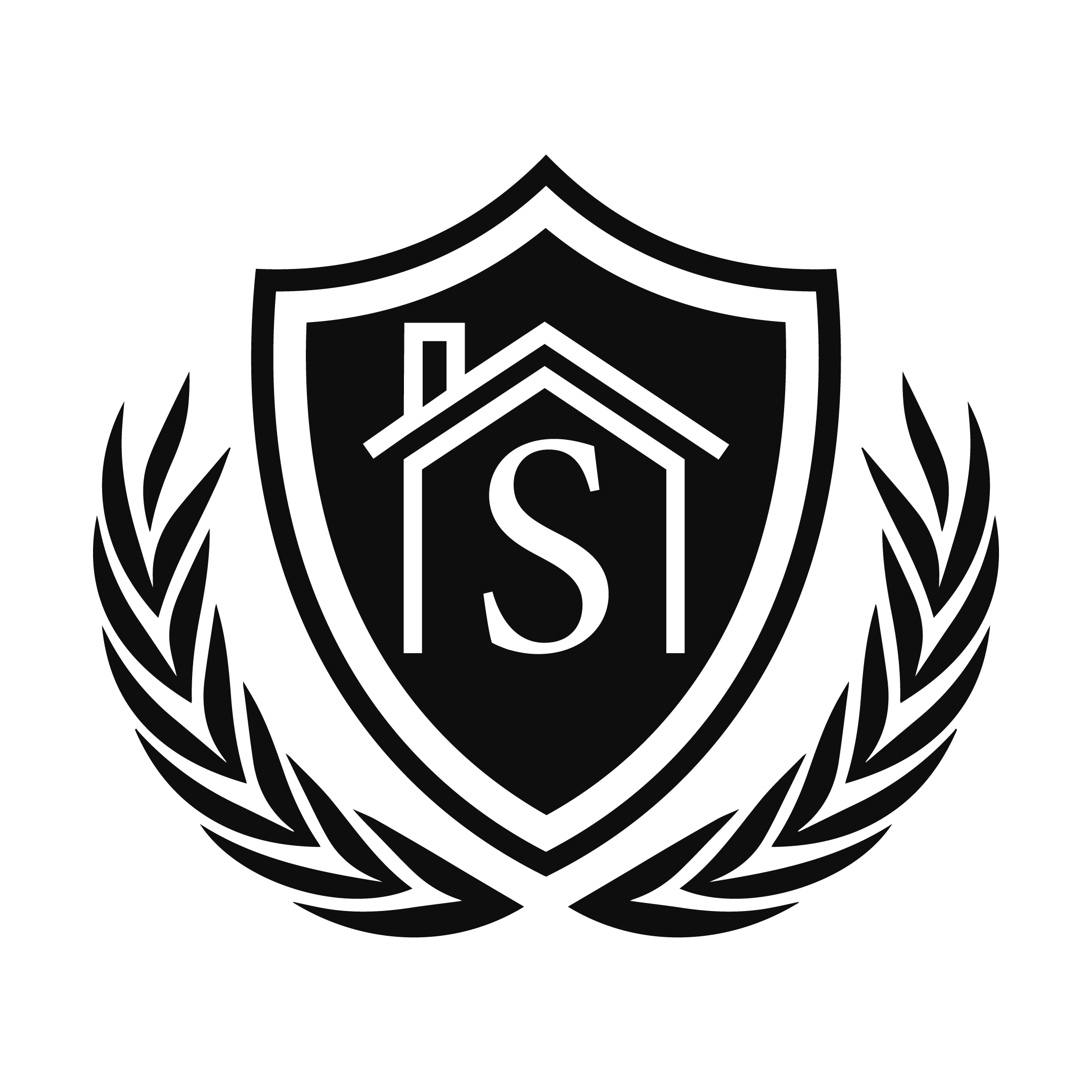 black and white logo featuring a shield with a house and the letter S inside, surrounded by laurel branches