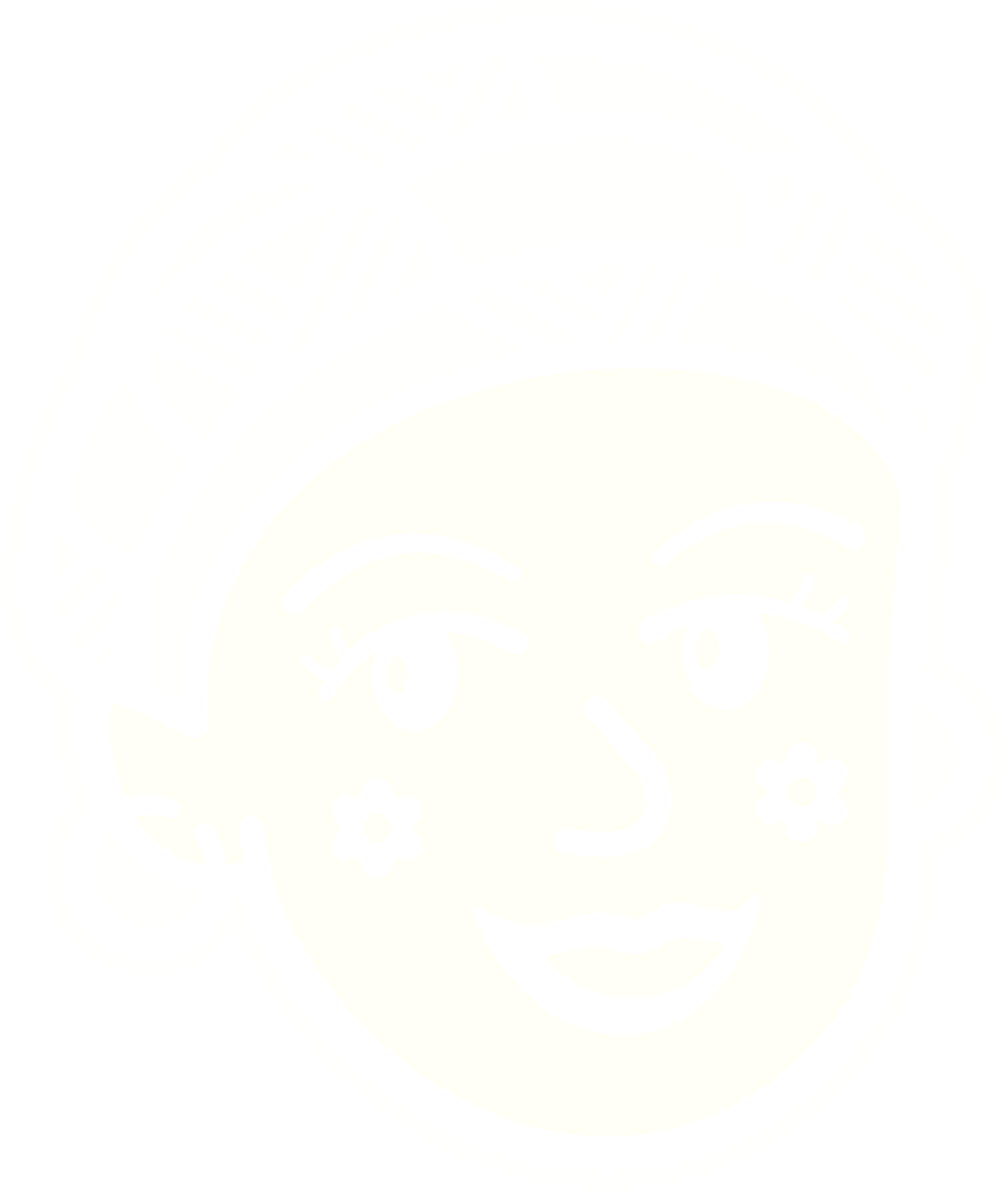 Line drawing of a smiling woman's face with earrings and flowers on cheeks, her hair in a bun with a patterned headscarf.