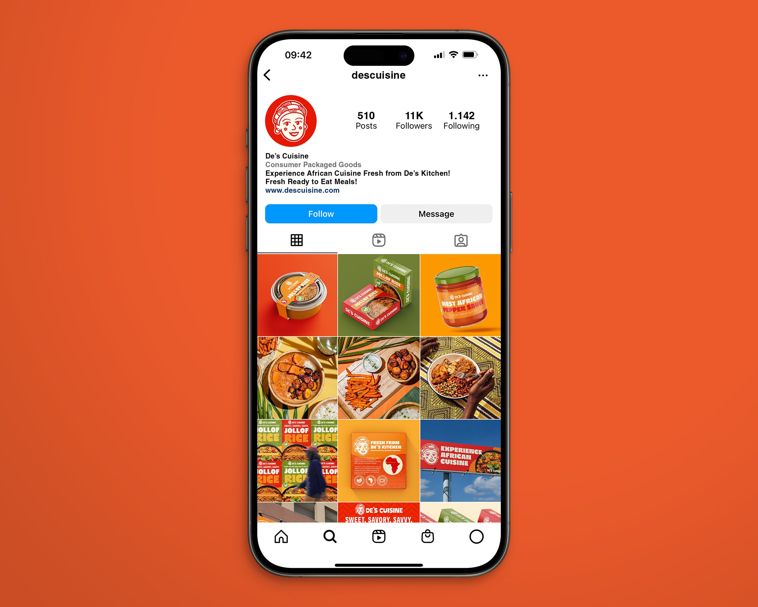 Instagram profile page for De's Cuisine showing product images and food dishes on a smartphone screen.